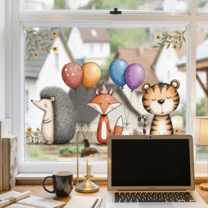 Schattige dieren raamstickers met egel vos tijger en ballon voor glazen decoratie.