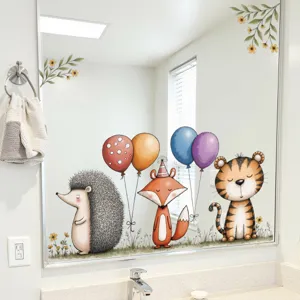 Leuke dieren raamstickers met vos egel en tijger met ballonnen voor glazen deuren.
