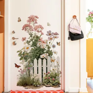 Sticker mural floral avec cloture blanche et papillons pour decoration interieure