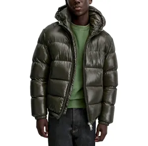 Detail view of men's shiny dark green hooded puffer jacket with metallic zipper zipper