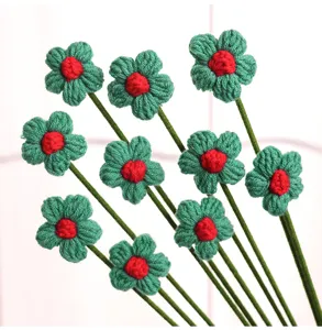Close-up detail of handmade green and red crochet flowers with exquisite knit texture