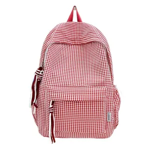 Stylish red and white gingham checkered backpack for women school and casual daily use