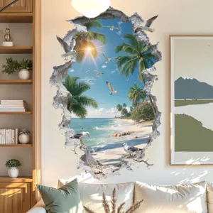 3D coastal beach scenery wall sticker palm tree ocean view removable home decor decal