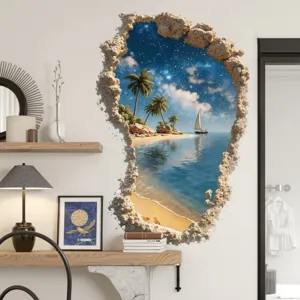 3D Beach Wall Sticker Tropical Ocean Palm Trees Starry Sky Removable Bedroom Mural Decor