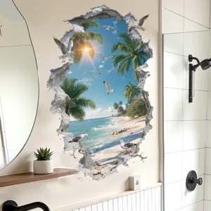 3D tropical beach wall sticker coastal palm trees seagulls window view removable wall decal