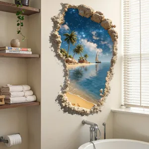 3D Blue Sky Beach Wall Sticker Coastal Ocean Coconut Tree Waterproof Removable Wallpaper