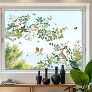 Botanische vogel glasraam sticker, anti-botsing decoratieve sticker voor thuis badkamer schuifdeur.