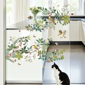 Botanische vogel glasraam sticker anti-botsing bloem muursticker woning decoratie