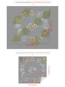 Cartoon glass showcase wall sticker with cute elements, 15.7x15.7in size for home decor.