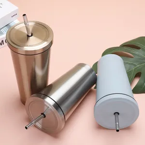 Double-walled vacuum stainless steel tumbler with straw for coffee or ice drinks