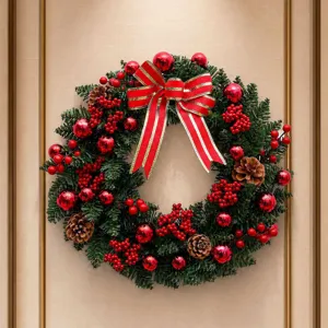 Couronne de Noël classique avec baies rouges pommes de pin et ruban pour la porte