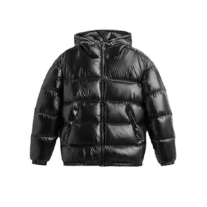 Men's shiny black hooded puffer jacket, casual warm winter coat for outdoor wear