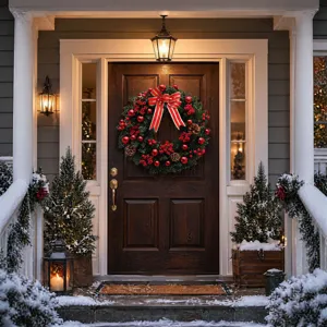 Couronne de Noël traditionnelle avec baies rouges et pommes de pin pour décor de porte