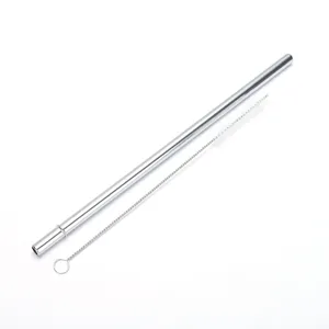 Reusable stainless steel straw set with long nylon cleaning brush on white background