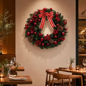 Couronne de Noël festive avec baies rouges, pommes de pin et grand nœud rouge