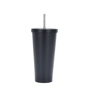 Large capacity double-layer vacuum stainless steel coffee tumbler with straw in matte black