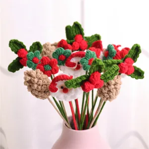 Handmade crochet Christmas bouquet with knitted Santa Claus and pinecone elements