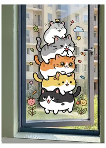 Cute cartoon cat static window sticker, colorful animal decal for glass door and home decor.