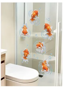 Stickers muraux en verre de poisson rouge 3D pour salle de bain, étanches et amovibles.