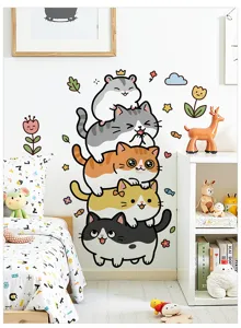 Cute stacked cartoon cats wall sticker detail scene, perfect for kids room and nursery decor.