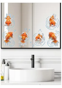 Adhésif mural poisson rouge mignon pour miroir de salle de bain, autocollant verre 3D UV.
