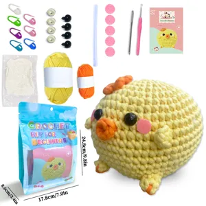 DIY crochet kit for beginners with yarn, hooks, eyes, and cute finished chick plush toy.