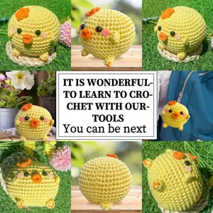Handmade crochet yellow chick keychain pendant, cute DIY yarn craft set with easy tutorial.