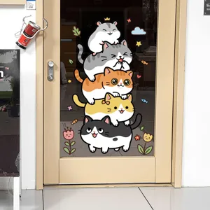 Cute cartoon cat stack glass window sticker, waterproof UV printed wall decal for bathroom door.
