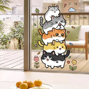 Cute cartoon cat stack glass static sticker window wall decal for home decoration and bathroom door.