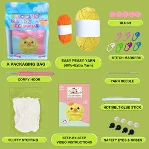 Detailed view of the DIY crochet chick starter kit showing all components and instructions clearly.