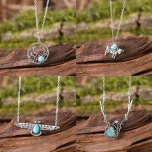 Vintage Bohemian Zinc Alloy Hollow Lotus Leaf Cow Hummingbird Tree Branch Pendant Necklace With Turquoise Ethnic Style Jewelry For Women Gift