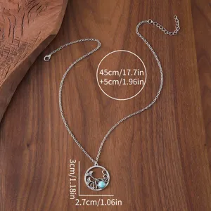 Retro hollow alloy turquoise pendant necklace with adjustable chain for women daily wear.