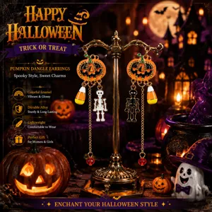 Σκουλαρίκια με κολοκύθα και σκελετό για το Halloween, χαριτωμένο στυλ με σμάλτο.