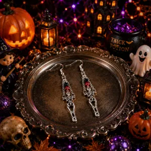 Σκουλαρίκια με σκελετό Halloween, ασημένια μακριά κρεμαστά σκουλαρίκια για πάρτι.