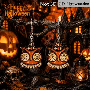 Halloween wooden owl earrings close-up, 2D flat jester hat design with spiral eyes detail.