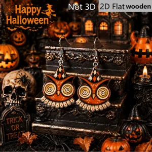 Halloween retro clown hat owl wooden earrings 2D flat design party jewelry accessory