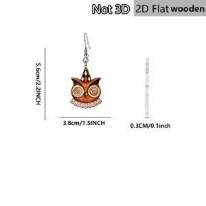Halloween retro clown hat owl wooden earring detail showing flat 2D design and exact sizes.
