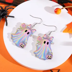 Halloween schillernde Acryl Geist Ohrringe mit niedlicher Schleife und schoenem Kuerbis Eimer.