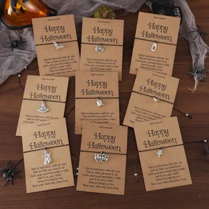 Halloween Geist Hexe Kürbis Legierung Anhänger Geflochtenes Wunscharmband Mit Kraftpapierkarte Geschenk Für Party Unisex Zubehör