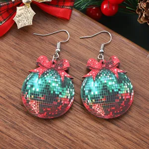 Christmas wooden disco ball earrings with red bow, double-sided holiday festive drop jewelry.