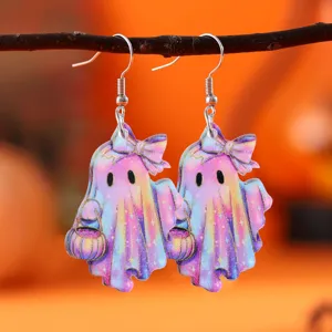 Bunte Halloween Geist Acryl Ohrringe mit Schleife fuer Damen Party Modeschmuck Ohrschmuck.