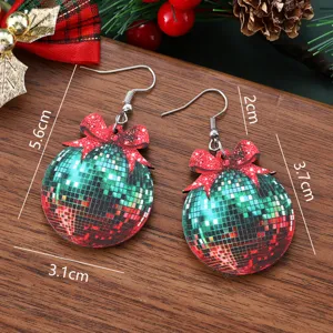 Christmas wooden disco ball earrings detail view, festive holiday jewelry close up display.