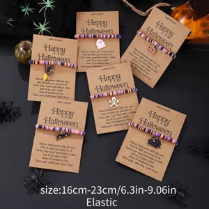 Halloween Wunsch Armband Set Ton Perlen Elastisch Schmuck Gruselig Geist Kürbis Anhänger