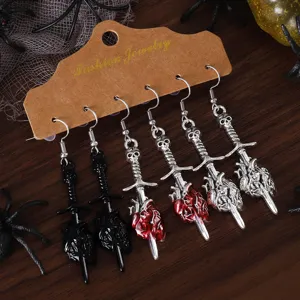 Halloween gotische Totenkopf Schwert Herz Ohrringe Set, Vintage Tropföl Punk Schmuck.
