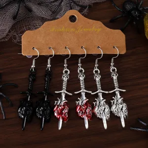 Gotische Totenkopf Schwert Herz Ohrringe Halloween Schmuck Set fuer Damen Partys