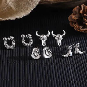 Vintage Western Cowboy Ohrringe Set, silberne Legierung Hufeisen Stierkopf Stiefel