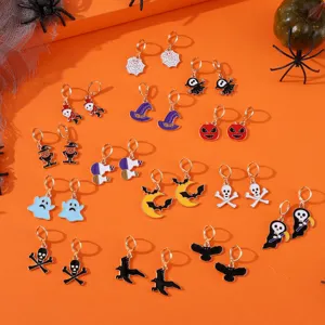 Halloween Legierung Emaille Ohrhänger Cartoon Geist Kürbis Fledermaus Hexe Hut Anhänger Ohrreifen Ohrringe Set Für Damen Party Schmuck Geschenk
