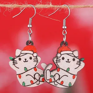Orecchini Pendenti in Legno Gatto di Natale Luci Colorate Cappello Xmas Doppia Faccia Orecchini Stampati Gioielli Donna Regalo