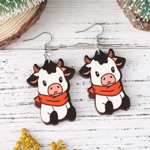 Jolies boucles d'oreilles en bois vache écharpe rouge cadeau de noël bijoux femme