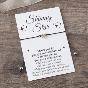 Minimalist black braided cord bracelet with a cute metal star charm on wishing card.